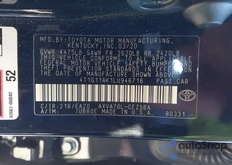 2020 Toyota Camry Se z USA, uszkodzony, nr VIN 4T1G11AK1LU946716